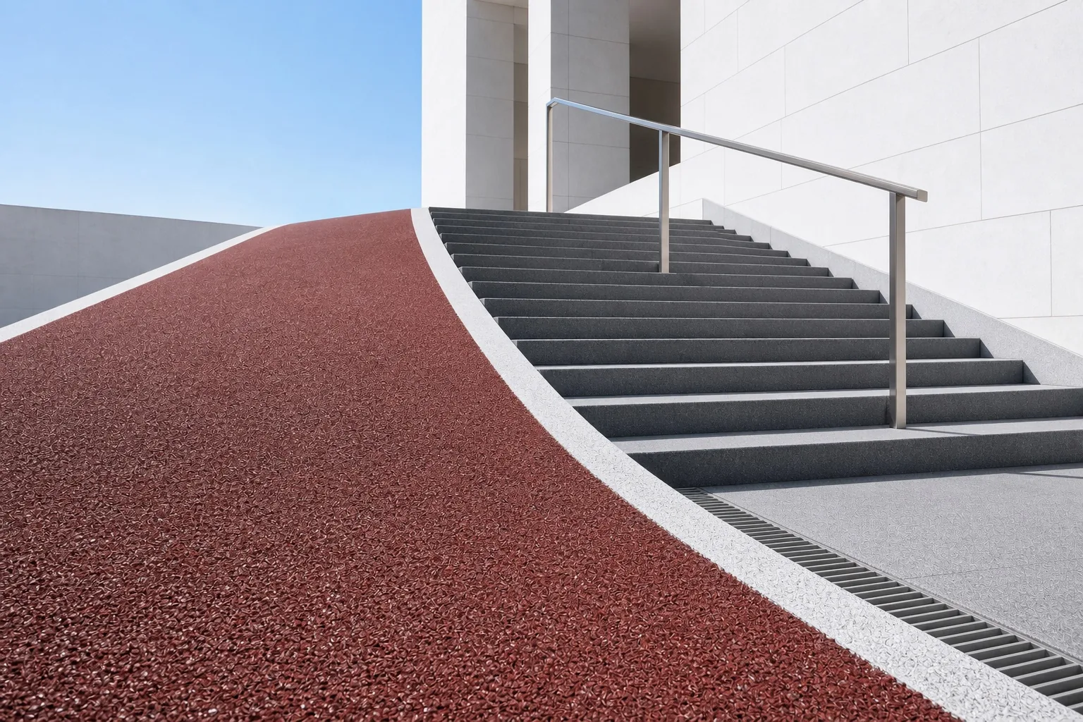 高端建筑坡道与台阶防滑路面，近景可见防滑骨料